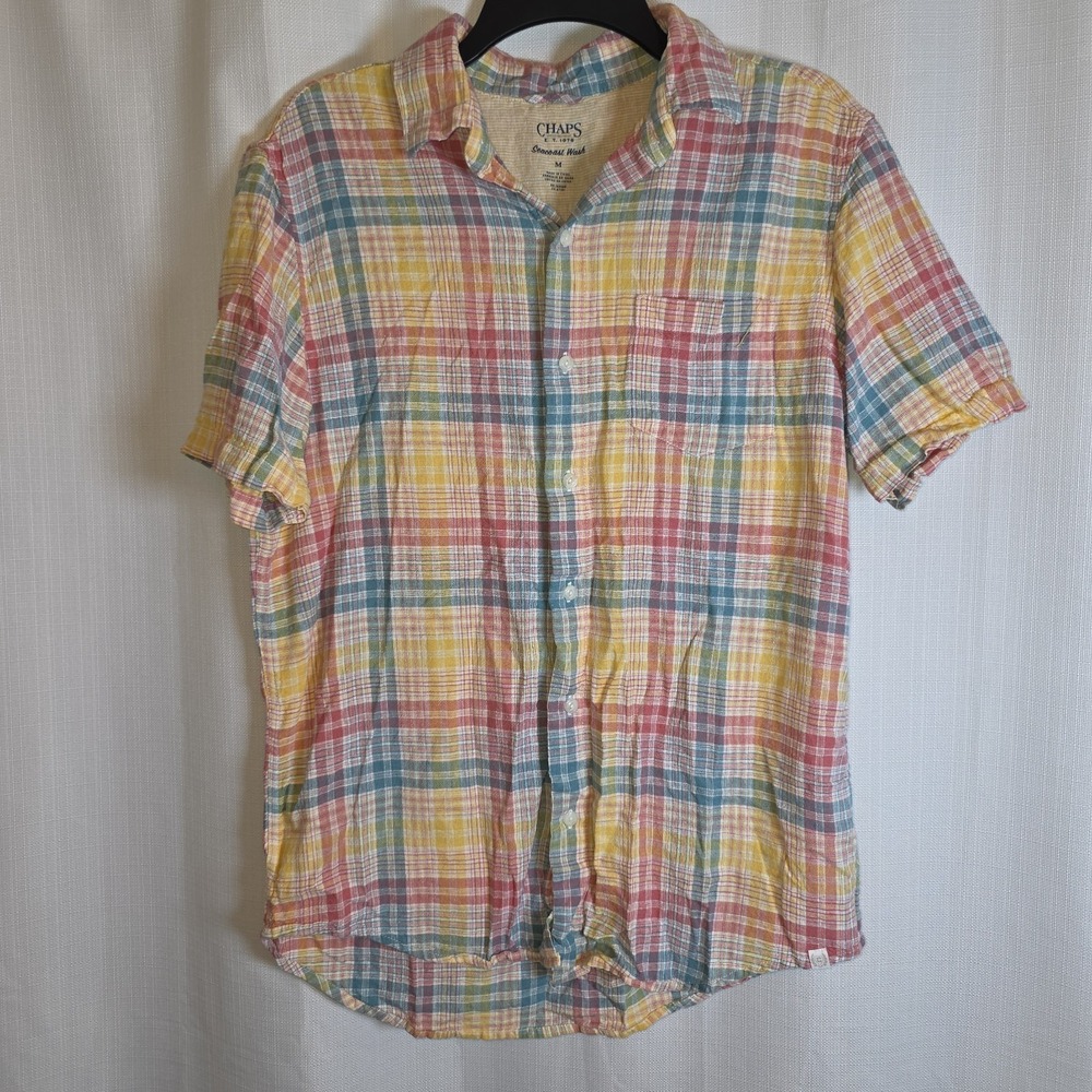 Chaps Seacoast Wash Short Sleeve Plaid Multi Shirt Linen Blend Men's Size M